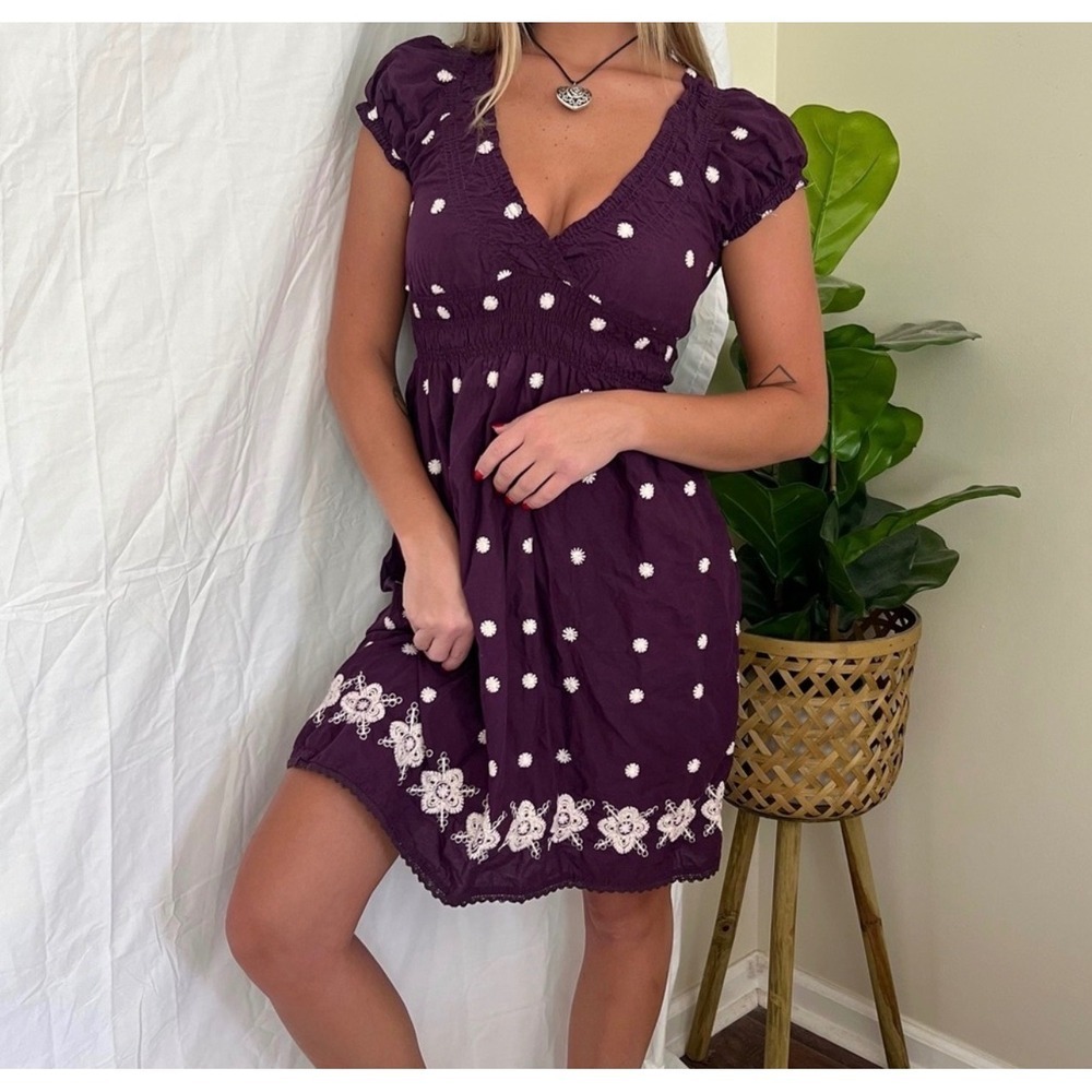 Cute Options Purple Cotton Floral  Smocked Mini Dress Small Boho V-Neck